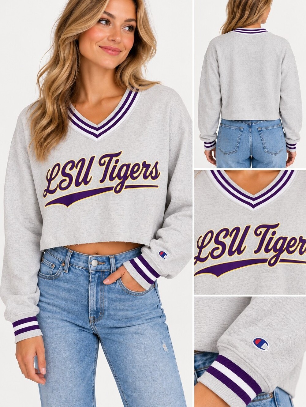 Champion Reverse Weave LSU Tigers Cropped Sweatshirt Gray XS